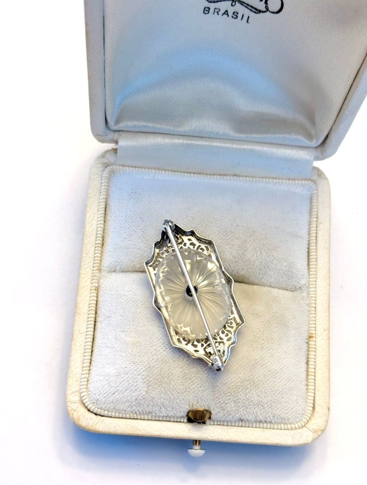 Vintage 14K White Gold Art Deco Camphor Glass Brooch Pin with Diamond