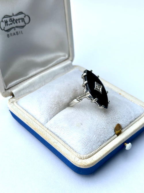 10k White Gold Onyx & Diamond Ring